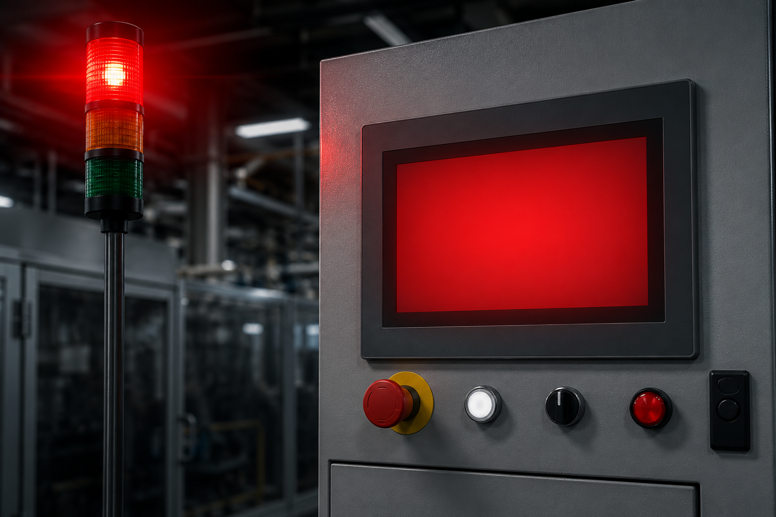 Industrial control panel showing an error state beside a red stack light