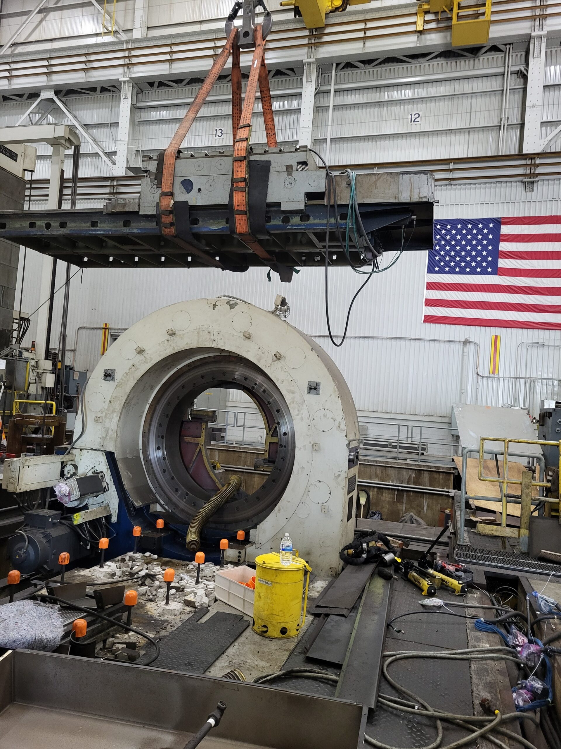 Large horizontal boring machine prepared for relocation.